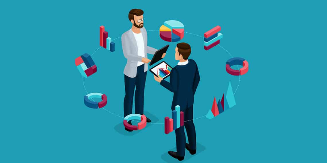 Isometric Business Analyst, Male Businessman, Concept Planning. Young Businessman Stylish Hairstyle Business Clothes, Work On Modern Systems, Tablet Wi Fi. Vector Illustration