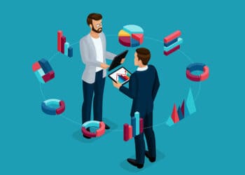 Isometric business analyst, male businessman, concept planning. young businessman stylish hairstyle business clothes, work on modern systems, tablet wi fi. vector illustration