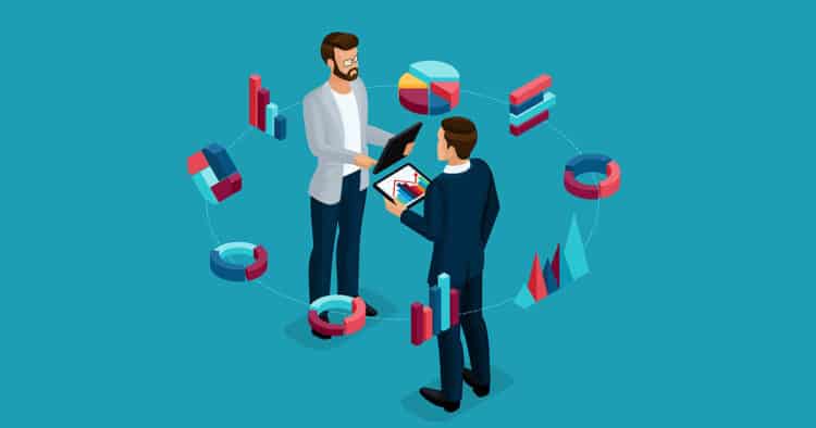 Isometric business analyst, male businessman, concept planning. young businessman stylish hairstyle business clothes, work on modern systems, tablet wi fi. vector illustration