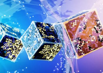 Abstract cubes with an electrical circuit on the background of the world map. transactions on the blockchain network. 3d render.