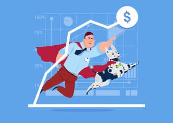 Successful business man in red cape with robot dog over finance graph up