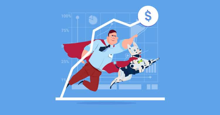 Successful business man in red cape with robot dog over finance graph up
