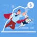 Successful business man in red cape with robot dog over finance graph up
