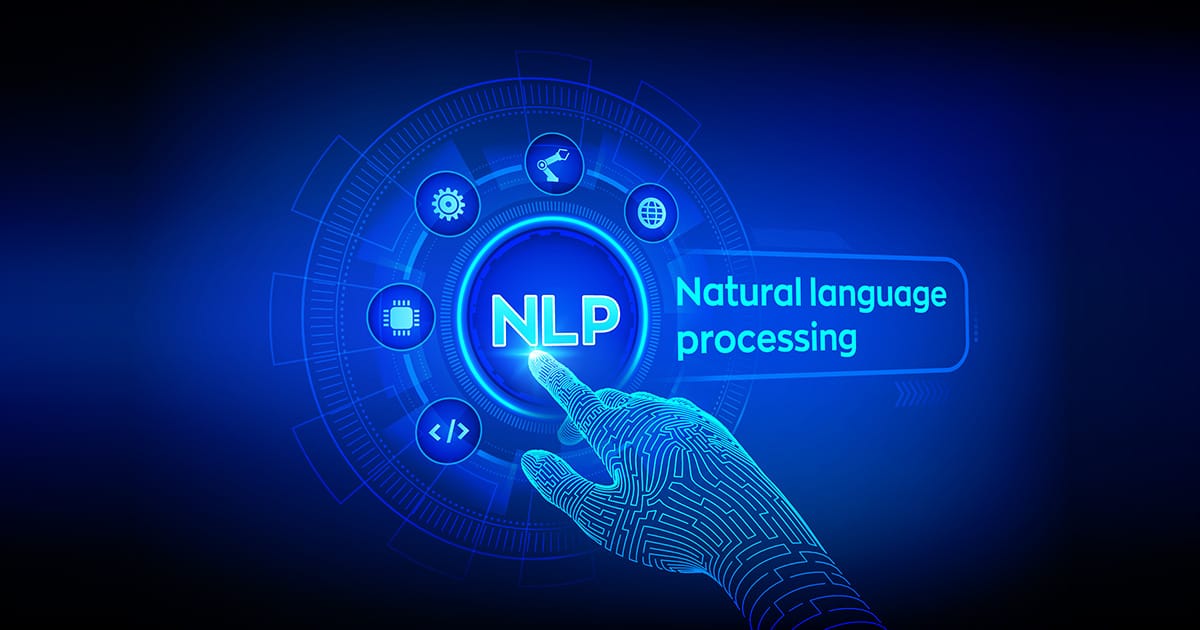 Nlp. Natural Language Processing Cognitive Computing Technology Concept On Virtual Screen. Natural Language Scince Concept. Robotic Hand Touching Digital Interface. Vector Illustration.