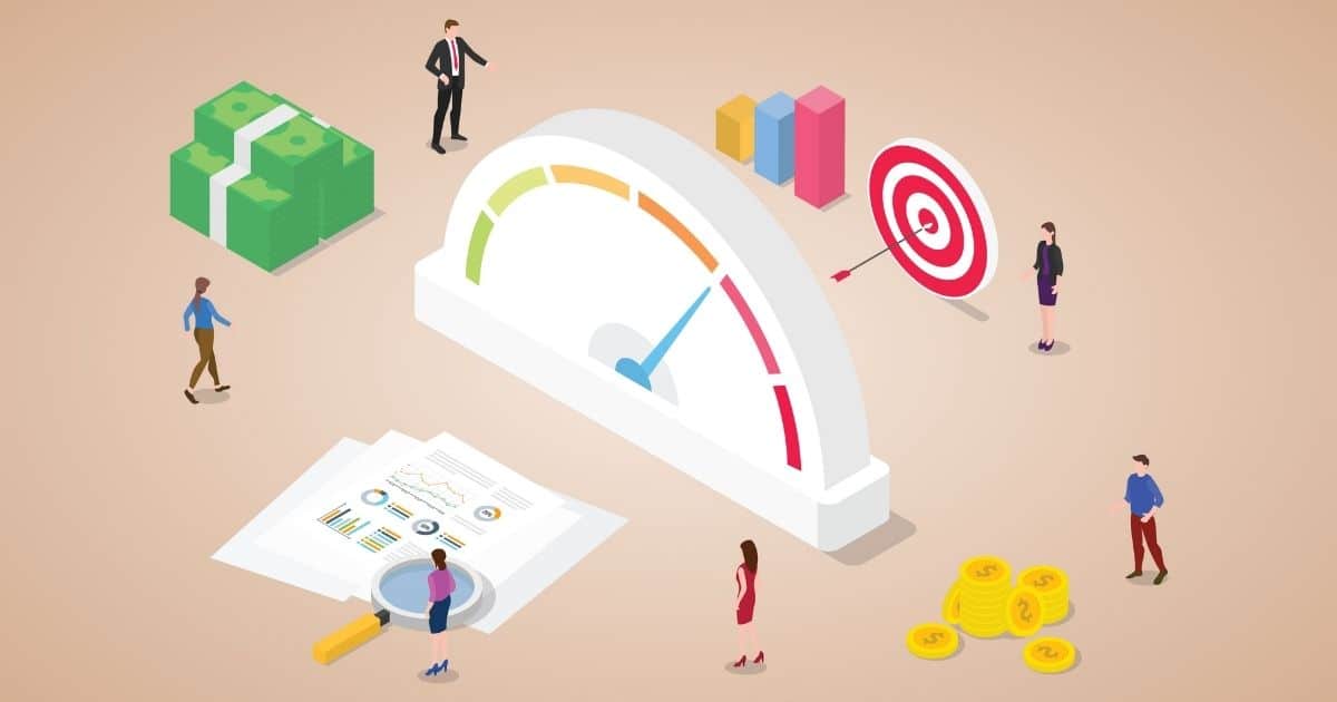 1200 234 Credit Rating Score With Financial Meter With Money Goals Icon With Modern Isometric Flat Style