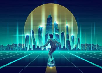 1200 3381 man skateboarding future metropolis vector