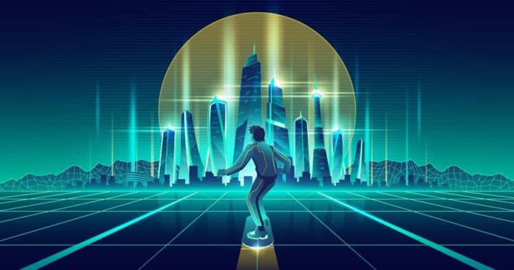 1200 3381 man skateboarding future metropolis vector