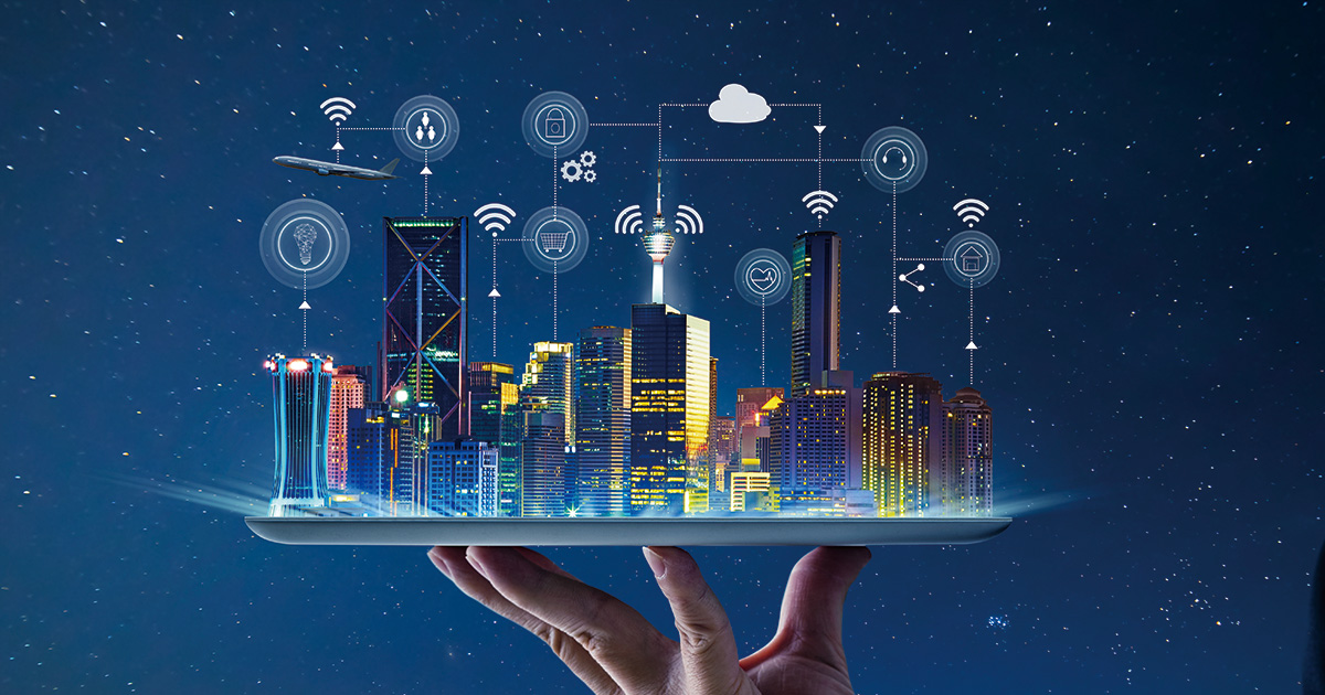 Waiter hand holding an empty digital tablet with Smart city with