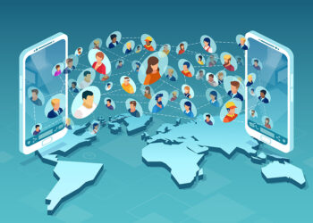 Vector of diverse group of people communicating via mobile phone app technology