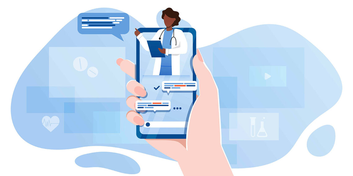 Smartphone Screen With Female Therapist On Chat In Messenger And An Online Consultation. Vector Flat Illustration. Ask Doctor. Online Medical Advise Or Consultation Service, Tele Medicine, Cardiology