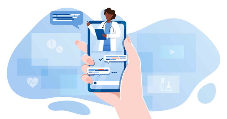 Smartphone screen with female therapist on chat in messenger and an online consultation. vector flat illustration. ask doctor. online medical advise or consultation service, tele medicine, cardiology