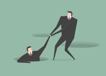 Businessman helping another. business concept cartoon illustration.