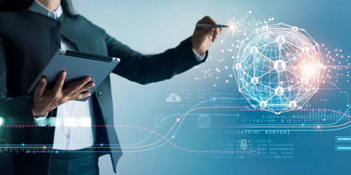 1200 Business Woman Drawing Global Structure Networking Data Exchanges Customer Connection