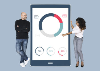 Cheerful diverse people showing pie chart on a tablet