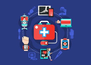 Digital health flat symbols poster