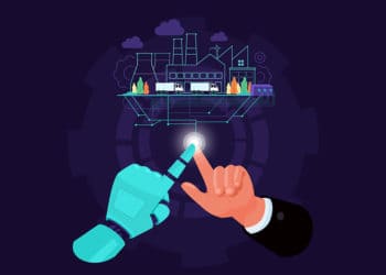 Fingers of man and robot join to control factory process