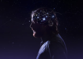 Profile of a bearded man head with a symbol of neurons in the brain