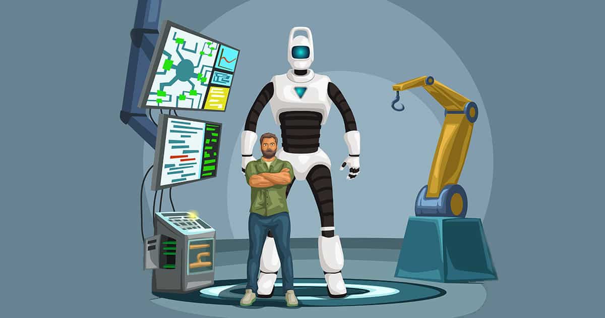 robot engineer with cyborg in a lab