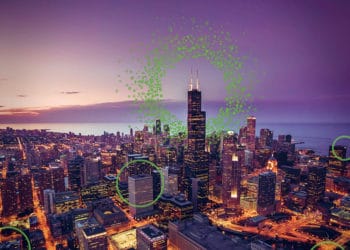 Chicago skyline aerial view at dusk
