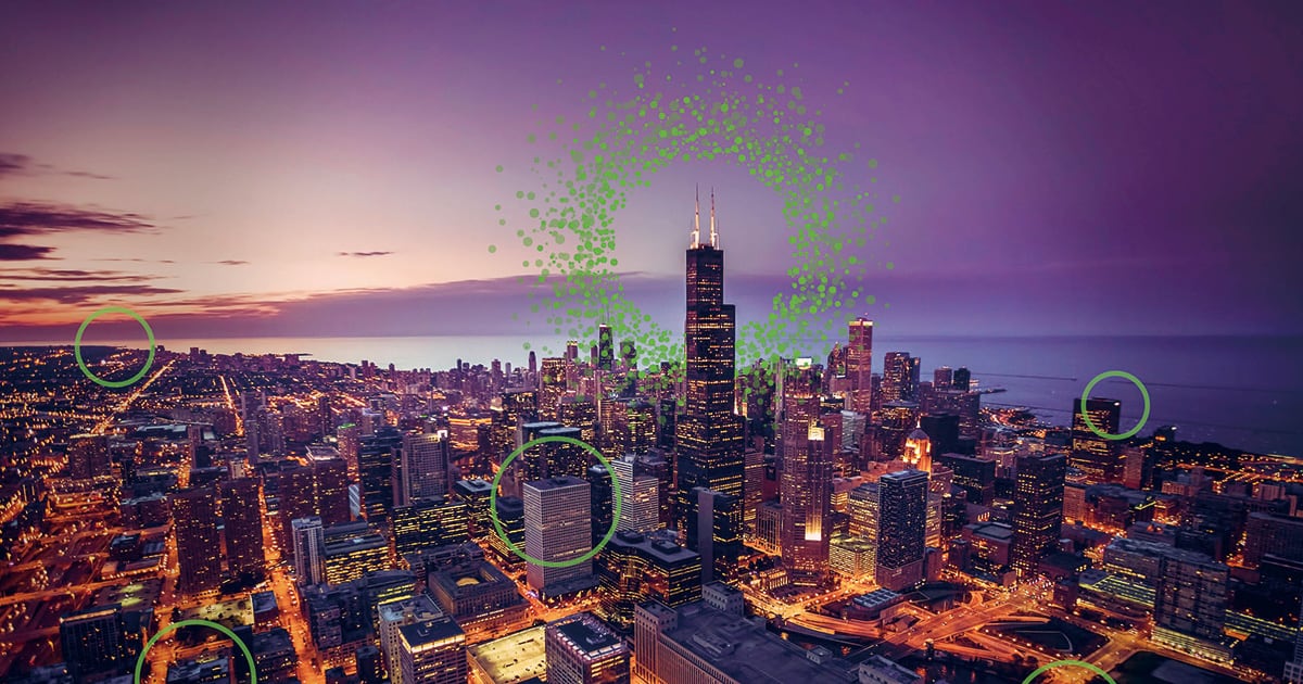 Chicago skyline aerial view at dusk