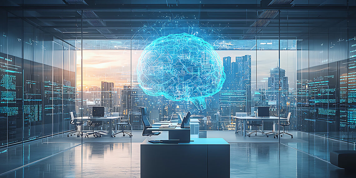 A Futuristic Office Features A Brain Hologram Against A City Vie