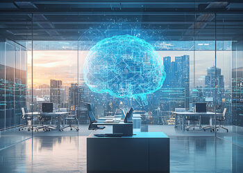 A Futuristic Office Features A Brain Hologram Against A City Vie