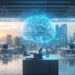 A Futuristic Office Features A Brain Hologram Against A City Vie