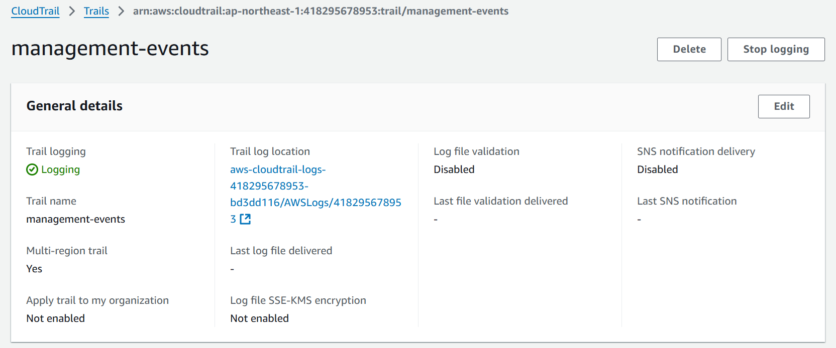 圖六,cloudtrail 稽核日誌未啟用或是被停用