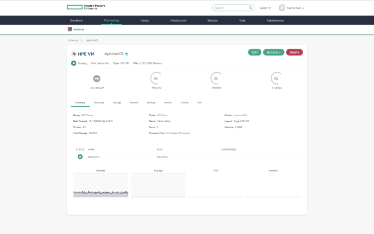 HPE VM Essentials直觀的虛擬機管理介面，展示單一虛擬機詳細資訊及運作狀態，提供使用者完整監控能力。