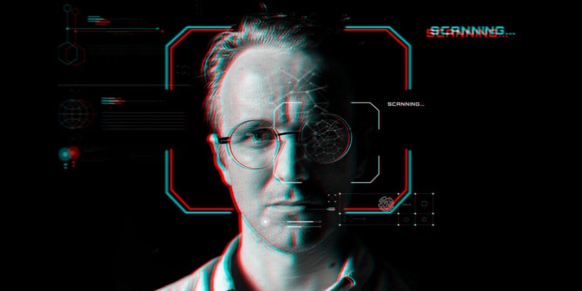 1200 Man Wearing Smart Glasses Virtual Scanning Technology Glitch Effect
