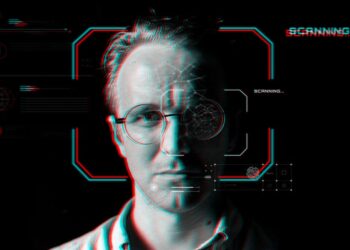 1200 Man Wearing Smart Glasses Virtual Scanning Technology Glitch Effect