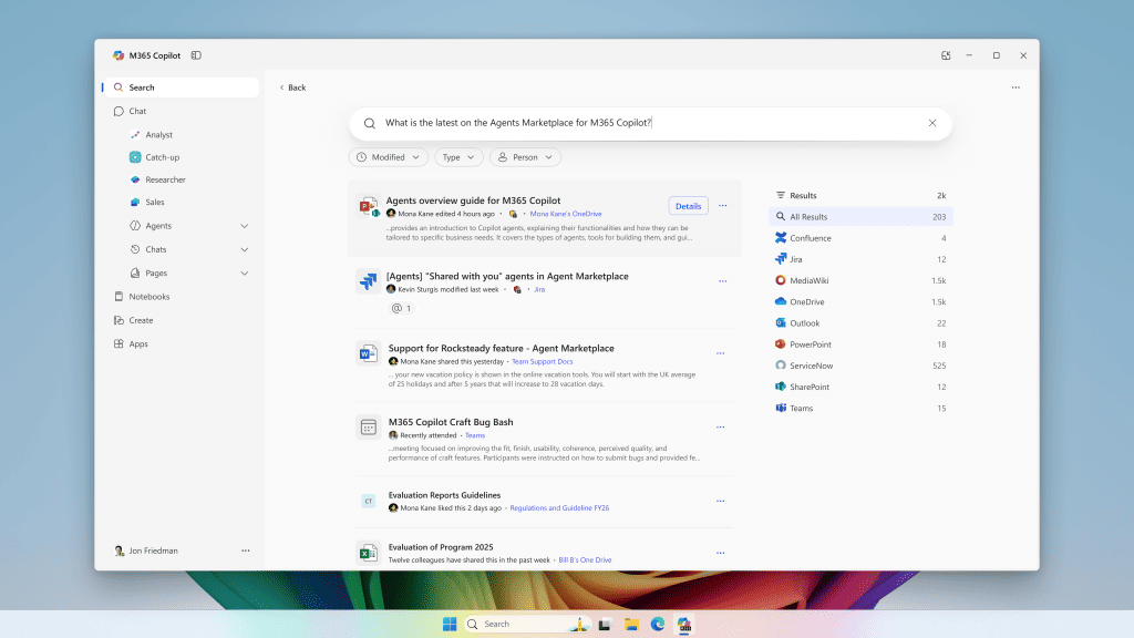 Microsoft 365 Copilot 中推出的全新 AI 企業搜尋功能，可以協助用戶快速取得所需資訊。