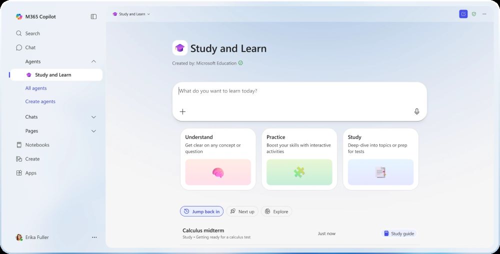 微軟同步推出專為教育場域設計的全新 AI 體驗,包括 Teach 與 Study and Learn 兩款 AI 工具在教育版 Microsoft 365 Copilot 中。