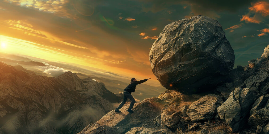 Man in sisyphean task, pushing stone uphill, depicted in realist