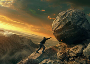 Man in sisyphean task, pushing stone uphill, depicted in realist