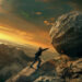 Man in sisyphean task, pushing stone uphill, depicted in realist