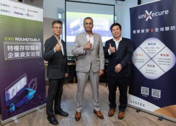 ◤ Delinea亞洲副總裁Jude Kannabiran（中）與技術顧問朱樹強（右），攜手智慧資安科技（uniXecure）技術經理沈泓智（左），共同宣示構築AI時代的身分治理控制平面，以全域身分可視性築起數位護城河。