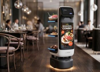 Bear Robotics Servi Q 送餐機器人於餐飲場域執行送餐任務，機身配有大型互動顯示螢幕，可作為移動式廣告載體。