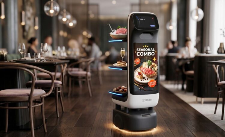 Bear Robotics Servi Q 送餐機器人於餐飲場域執行送餐任務,機身配有大型互動顯示螢幕,可作為移動式廣告載體。
