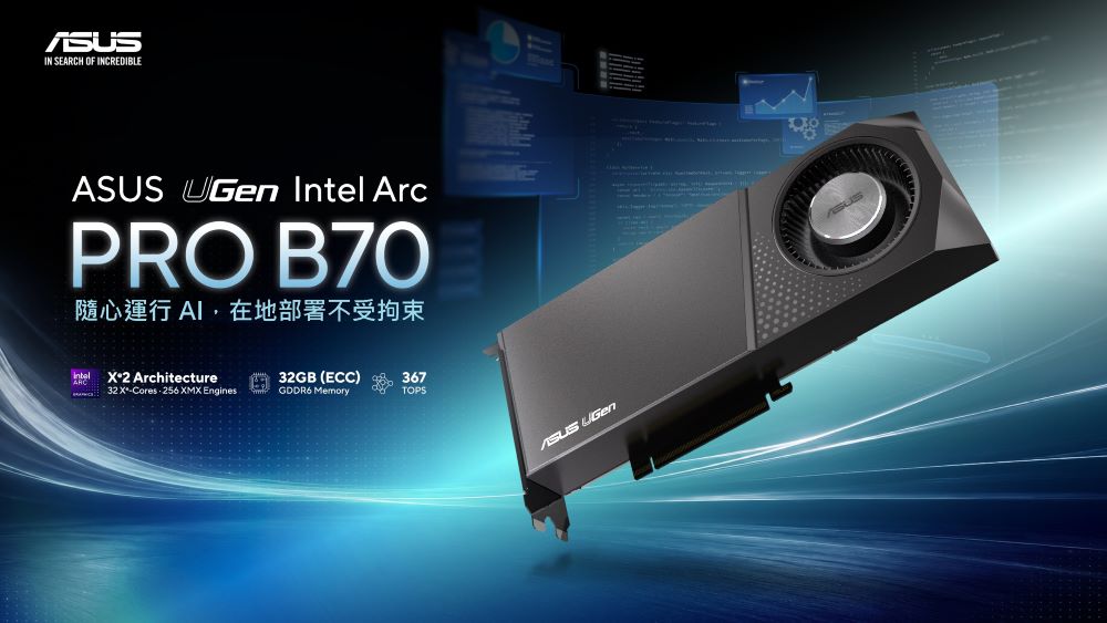 華碩全新UGen Intel Arc Pro B70 32GB推論加速卡，以親民實惠價格提供32GB GDDR6 ECC超大容量記憶體，再加上專為推論優化的硬體架構，是企業執行本地端代理式AI(Agentic AI)時不容錯過的選擇。