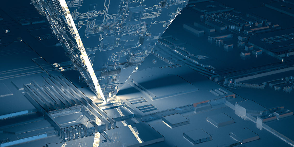 3d Rendering, Circuit Board And Gold Glow Chip