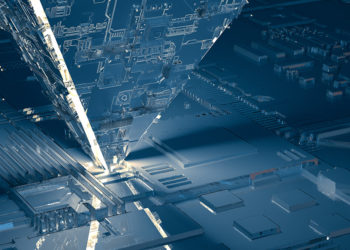 3d rendering, circuit board and gold glow chip