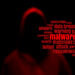 Dark red silhouette of a hacker in a hoodie with malware tag cloud