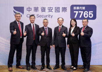 中華資安國際經營團隊。照片由中華資安國際提供。 左起： 中華資安蔡建崗副總、中華資安洪進福總經理、中華電信郭水義董事長、中華資安陳明仕董事長、中華資安温雅茹副總、中華資安王信富副總。