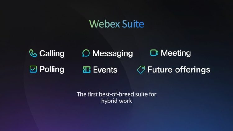 全新的 webex suite 是業界首款將會議、通話、訊息、投票功能和活動集於一身的混合辦公方案