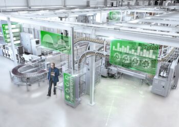 High angle view of printing press conveyor belts in printing plant