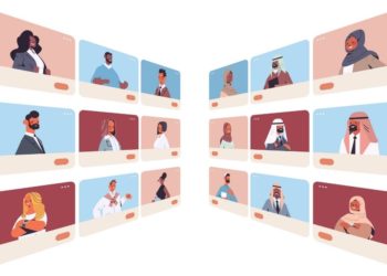 Arabic people web browser windows chatting discussing during video call virtual conference online communication concept