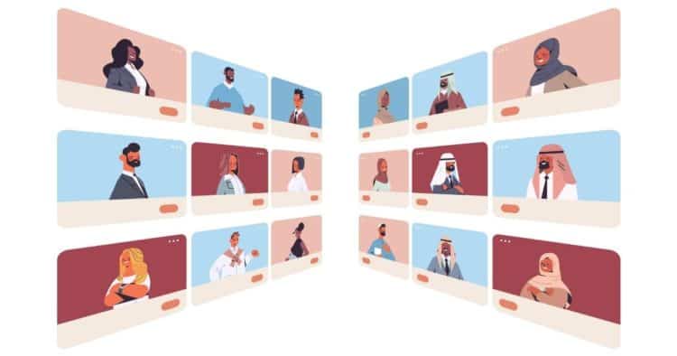 Arabic people web browser windows chatting discussing during video call virtual conference online communication concept