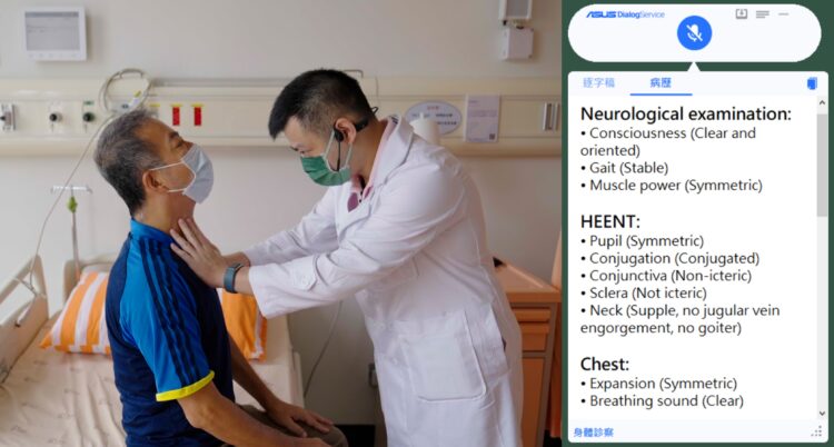 醫師為住院病患做身體診察，一邊觸診檢查，一邊說明及記錄