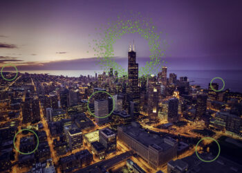 Chicago skyline aerial view at dusk